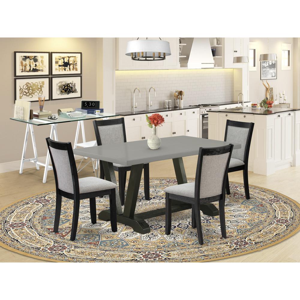 East West Furniture 5 Piece Dining Table Set - A Cement Top Modern Dining Table with Trestle Base and 4 Shitake Linen Fabric Dining Chairs - Wire Brushed Black Finish. Picture 1