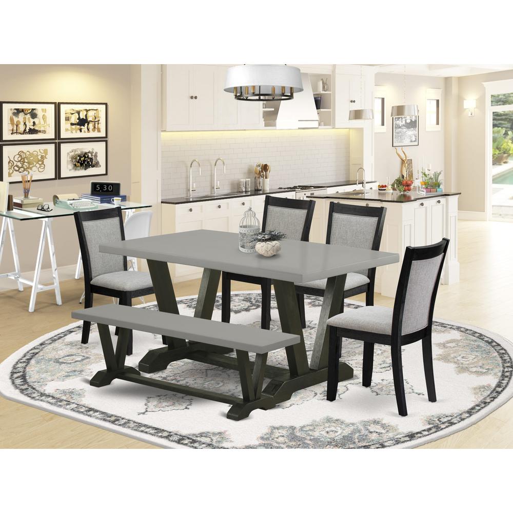 East West Furniture 6 Pc Kitchen Table Set - A Cement Top Dining Room Table with Wooden Bench and 4 Shitake Linen Fabric Upholstered Parson Chairs - Wire Brushed Black Finish. Picture 1