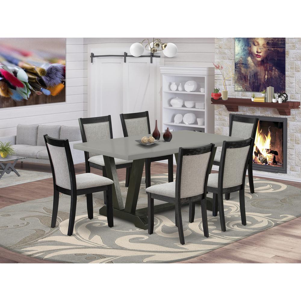 East West Furniture 7 Piece Kitchen Dining Table Set - A Cement Top Modern Dining Table with Trestle Base and 6 Shitake Linen Fabric Upholstered Dining Chairs - Wire Brushed Black Finish. Picture 1