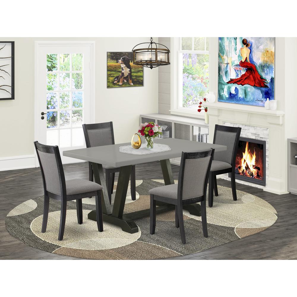 East West Furniture 5 Piece Kitchen Dining Table Set - A Cement Top Wood Dining Table with Trestle Base and 4 Dark Gotham Grey Linen Fabric Parson Chairs - Wire Brushed Black Finish. Picture 1