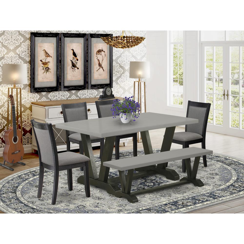 East West Furniture 6 Piece Dinner Table Set - A Cement Top Wooden Dining Table with a Small Bench and 4 Dark Gotham Grey Linen Fabric Upholstered Kitchen Chairs - Wire Brushed Black Finish. Picture 1