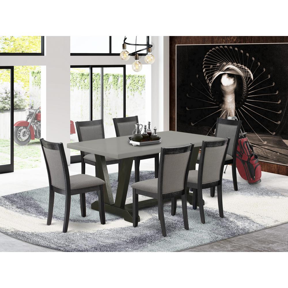 East West Furniture 7 Piece Mid Century Dining Set - A Cement Top Wood Dining Table with Trestle Base and 6 Dark Gotham Grey Linen Fabric Dining Room Chairs - Wire Brushed Black Finish. Picture 1