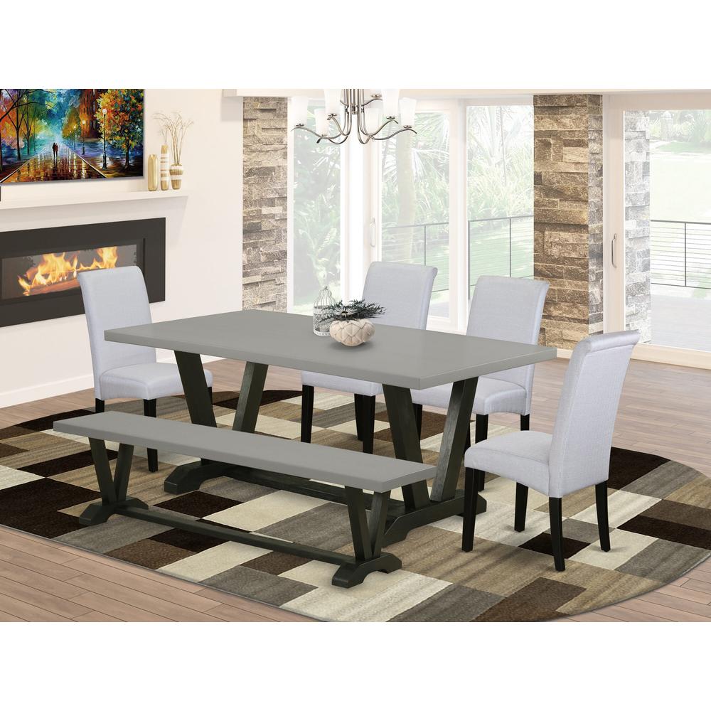 East West Furniture 6 Pc Dining Table Set Contains a Cement Mid Century Dining Table and a Modern Bench, 4 Grey Linen Fabric Parson Chairs with High Back - Wire Brushed Black Finish. Picture 1
