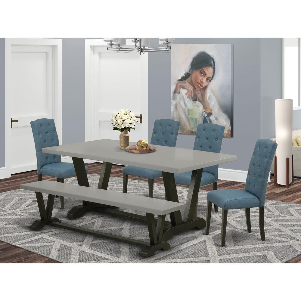 East West Furniture 6 Piece Dining Set Contains a Cement Dining Room Table and a Kitchen Bench, 4 Blue Linen Fabric Upholstered Chairs with Button Tufted Back - Wire Brushed Black Finish. Picture 1