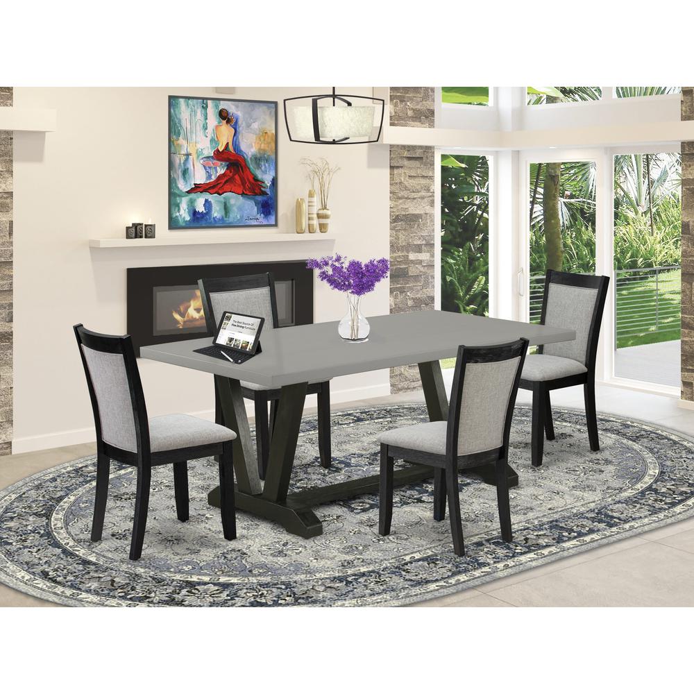 East West Furniture 5 Piece Mid Century Dining Set - Cement Top Wooden Table with Trestle Base and 4 Shitake Linen Fabric Upholstered Dining Chairs - Wire Brushed Black Finish. Picture 1