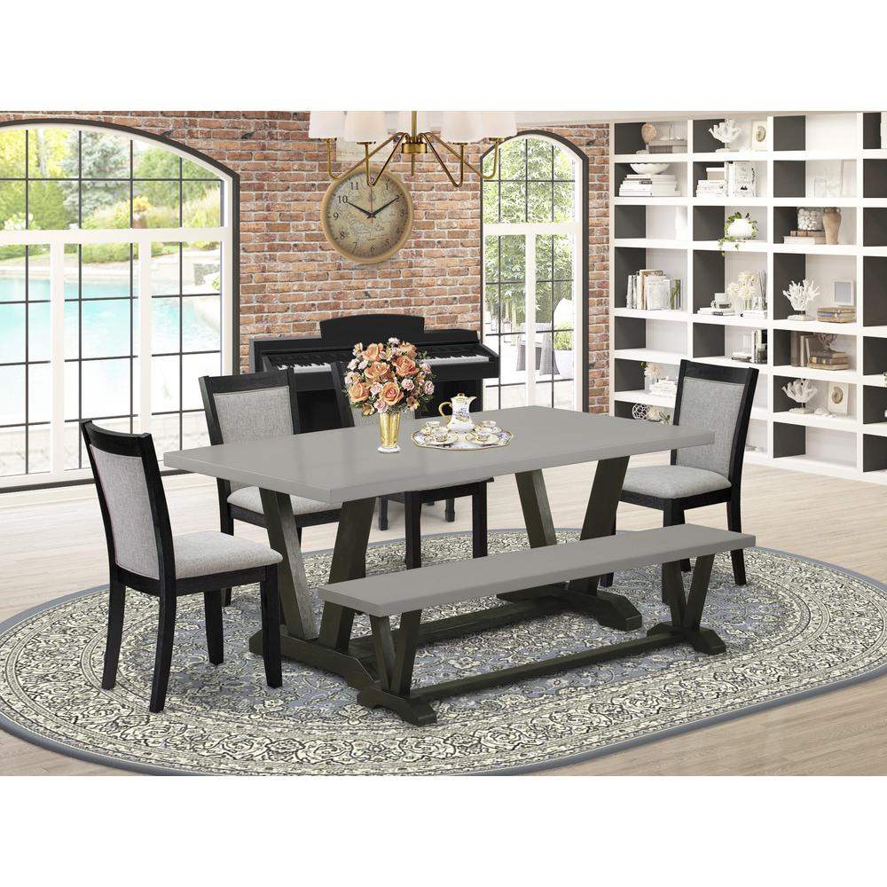 East West Furniture 6 Piece Modern Dining Set - Cement Top Dinning Table with a Kitchen Bench and 4 Shitake Linen Fabric Upholstered Parson Chairs - Wire Brushed Black Finish. Picture 1