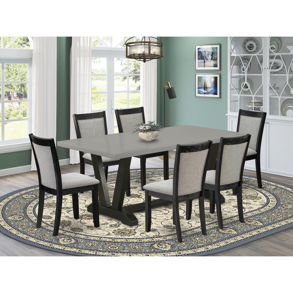 East West Furniture 7 Piece Mid Century Dining Set - Cement Top Modern Kitchen Table with Trestle Base and 6 Shitake Linen Fabric Upholstered Dining Chairs - Wire Brushed Black Finish. Picture 1