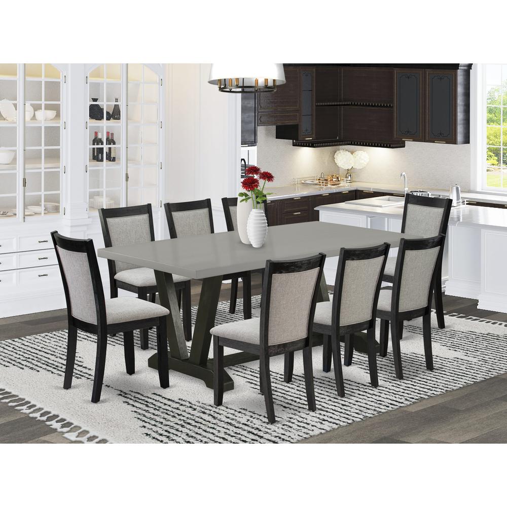 East West Furniture 9 Piece Modern Dining Set - A Cement Top Wooden Table with Trestle Base and 8 Shitake Linen Fabric Kitchen Chairs - Wire Brushed Black Finish. Picture 1