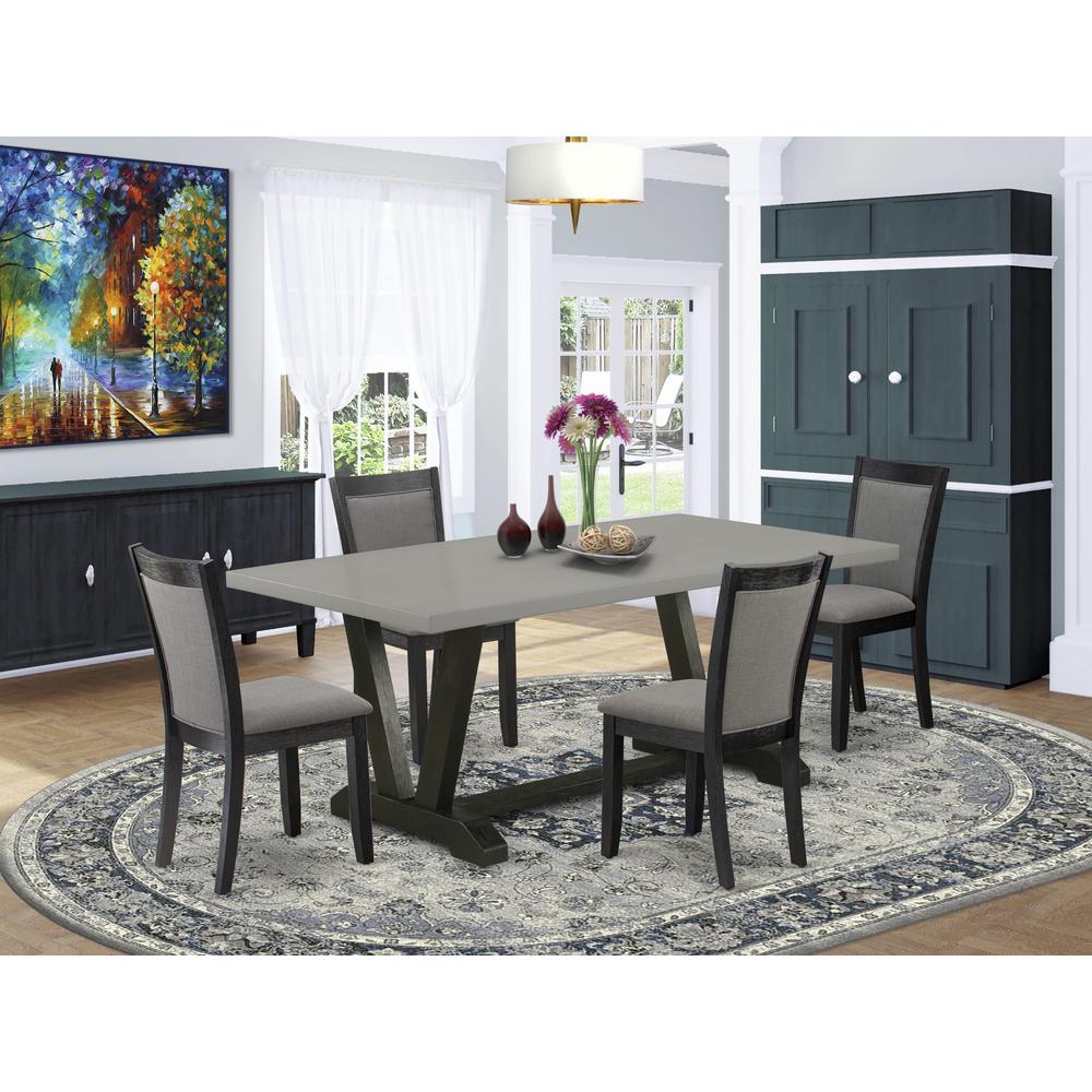 East West Furniture 5 Piece Table Set - A Cement Top Modern Dining Table with Trestle Base and 4 Dark Gotham Grey Linen Fabric Upholstered Dining Chairs - Wire Brushed Black Finish. Picture 1