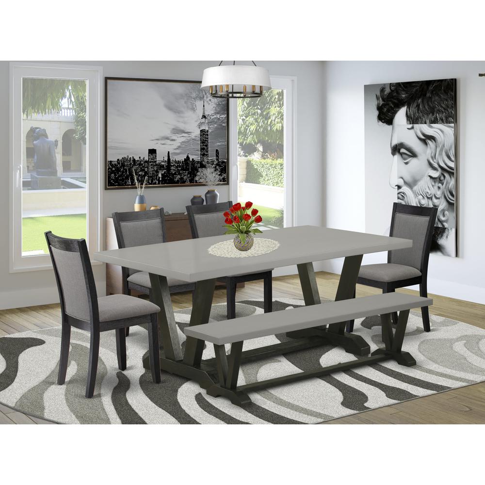 East West Furniture 6 Pc Dinner Table Set - Cement Top Modern Dining Table with a Wooden Bench and 4 Dark Gotham Grey Linen Fabric Upholstered Dining Chairs - Wire Brushed Black Finish. Picture 1