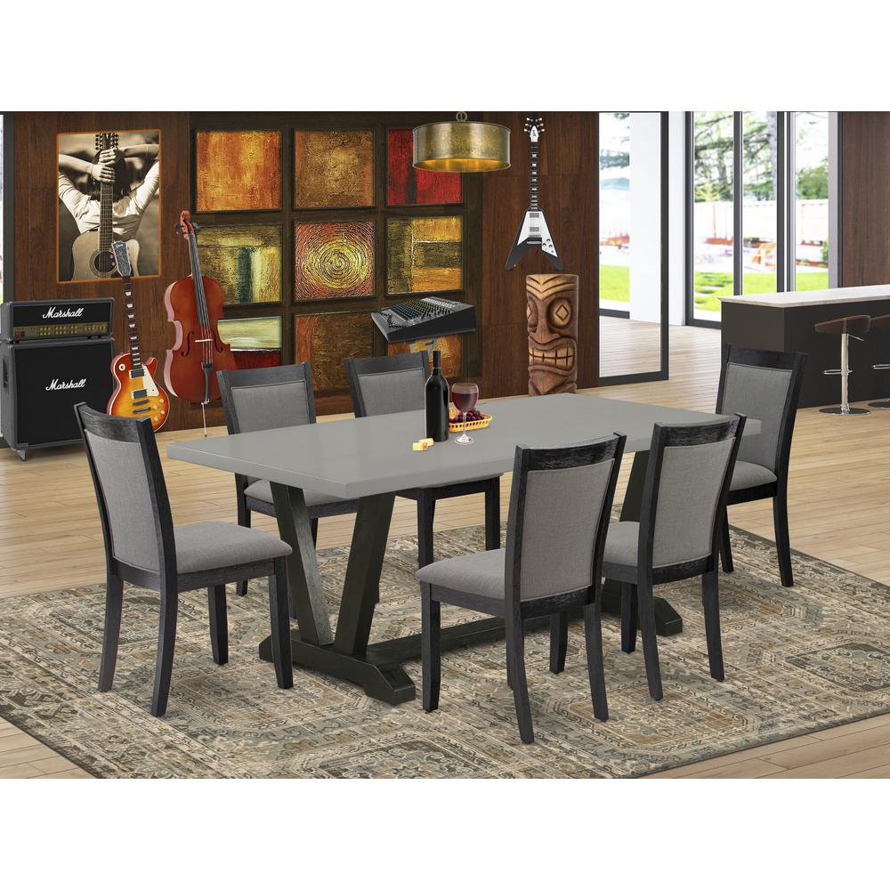East West Furniture 7 Piece Modern Dining Set - Cement Top Modern Kitchen Table with Trestle Base and 6 Dark Gotham Grey Linen Fabric Dining Chairs - Wire Brushed Black Finish. Picture 1