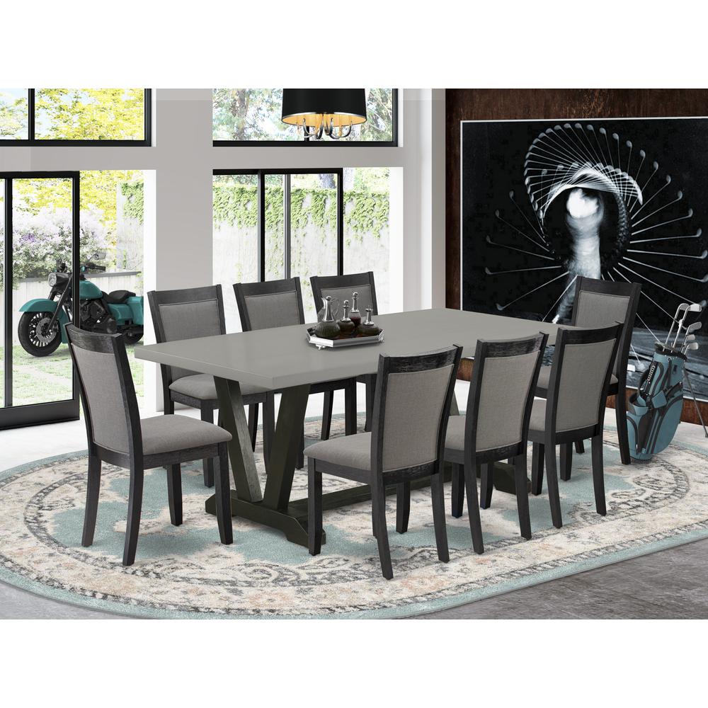 East West Furniture 9 Piece Dining Room Set - Cement Top Wood Dining Table with Trestle Base and 8 Dark Gotham Grey Linen Fabric Parson Chairs - Wire Brushed Black Finish. Picture 1