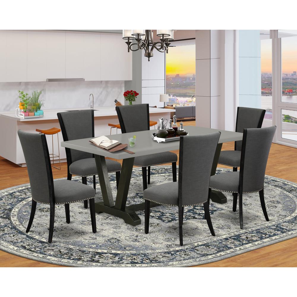 East West Furniture 7 Pc Kitchen Dining Table Set Includes a Cement Kitchen Table and 6 Dark Gotham Grey Linen Fabric Upholstered Chairs with High Back - Wire Brushed Black Finish. Picture 1