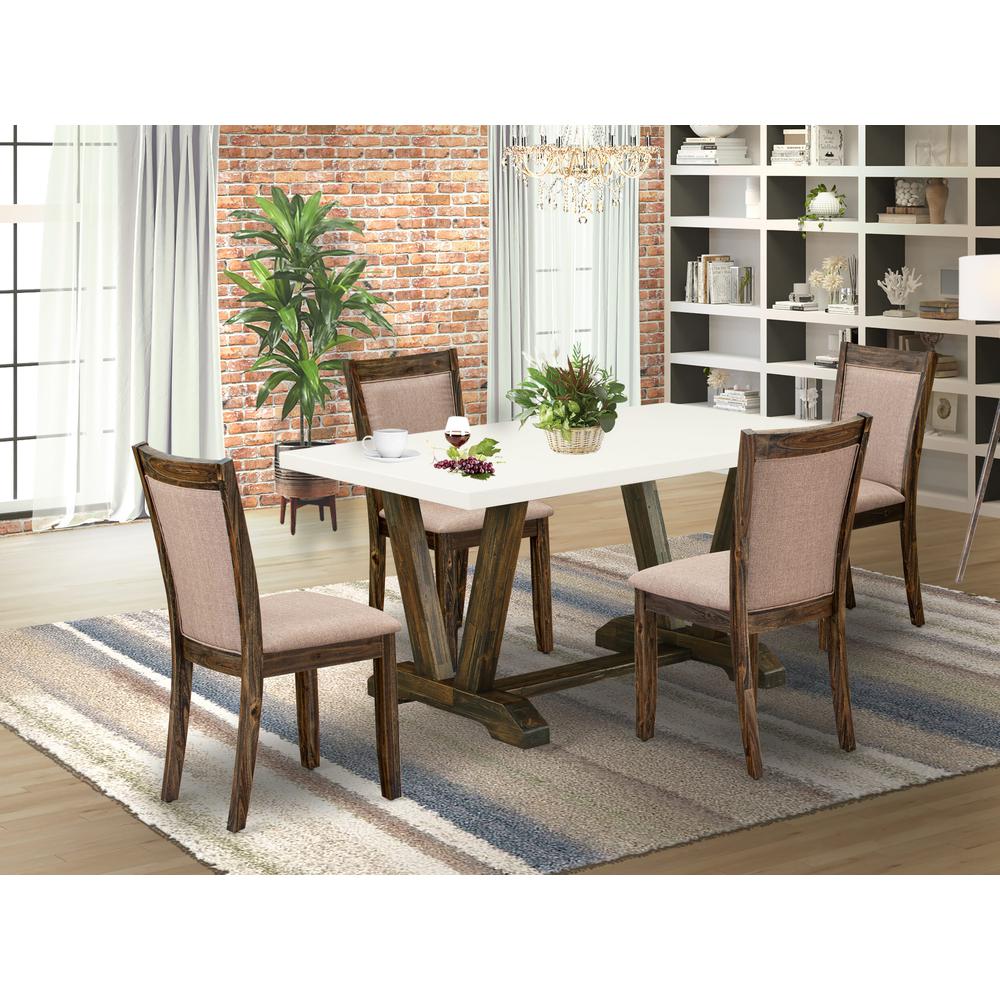 V726MZ716-5 5 Pc Modern Dining Table Set - A Dining Table with Trestle Base and 4 Dining Room Chairs - Distressed Jacobean Finish. Picture 1