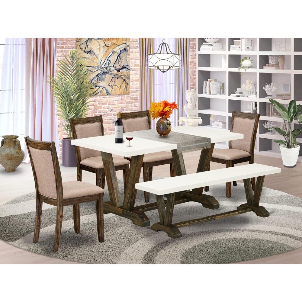 V726MZ716-6 6 Piece Dining Set- A Dinning Table in Trestle Base with Wood Bench and 4 Dining Chairs - Distressed Jacobean Finish. Picture 1