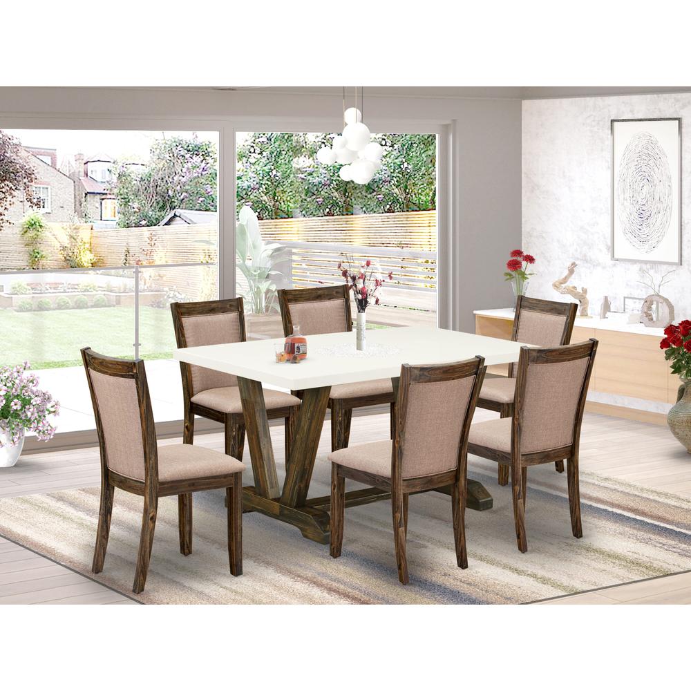 V726MZ716-7 7 Piece Modern Dining Set - A Dining Table with Trestle Base and 6 Chairs For Dining Room - Distressed Jacobean Finish. Picture 1
