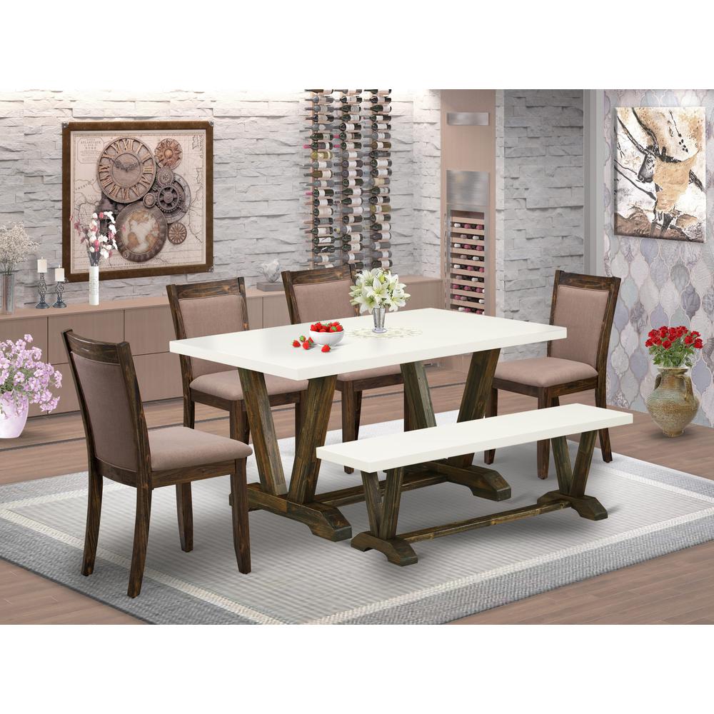 V726MZ748-6 - 6-Pc Dining Set - 4 Parson Dining Chairs, a Dining Bench and 1 Dining Table (Distressed Jacobean Finish). Picture 1