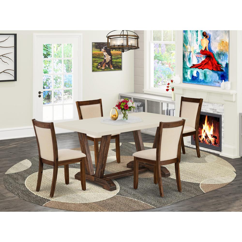 East West Furniture 5-Pc Kitchen Set - 1 Dining Table with Linen White Tabletop and 4 Light Beige Linen Fabric Modern Chairs with Stylish High Back (Distressed Jacobean Finish). Picture 1