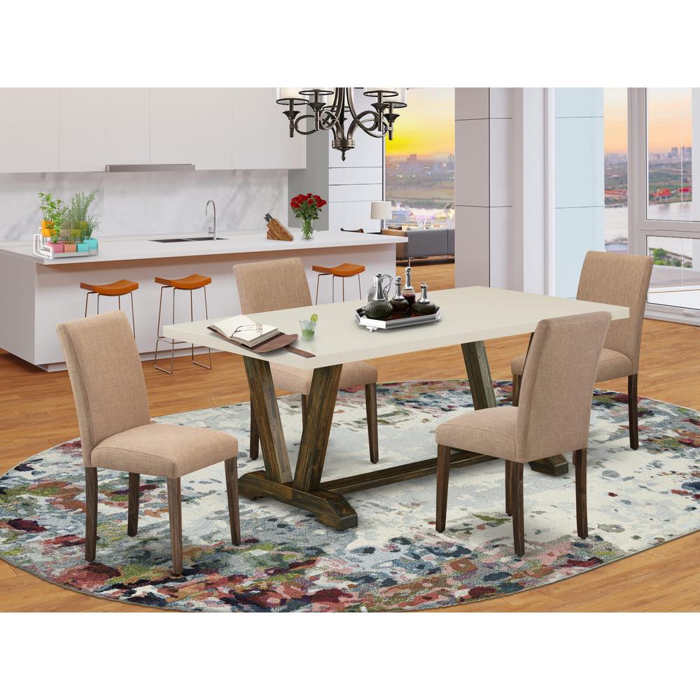 East West Furniture 5-Piece Modern Dining Set-A Modern Table and 4Linen FabricModern Chairs with High Back - Distressed Jacobean Finish. Picture 1