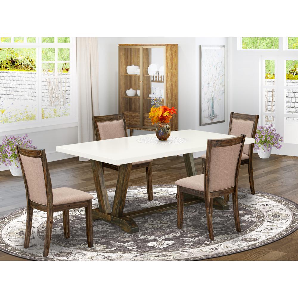 V727MZ716-5 5 Piece Dining Table Set - A Modern Kitchen Table with Trestle Base and 4 Kitchen Chairs - Distressed Jacobean Finish. Picture 1