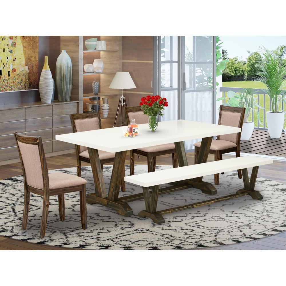 V727MZ716-6 6 Pc Table Set- A Kitchen Table in Trestle Base with Wood Bench and 4 parson chairs - Distressed Jacobean Finish. Picture 1