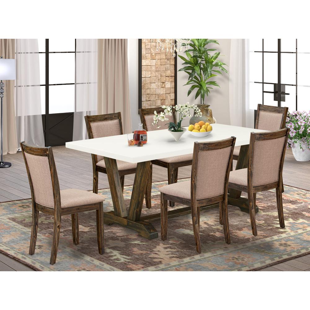 V727MZ716-7 7 Piece Dinning Table Set - A Wooden Dining Table with Trestle Base and 6 Dining Chairs - Distressed Jacobean Finish. Picture 1