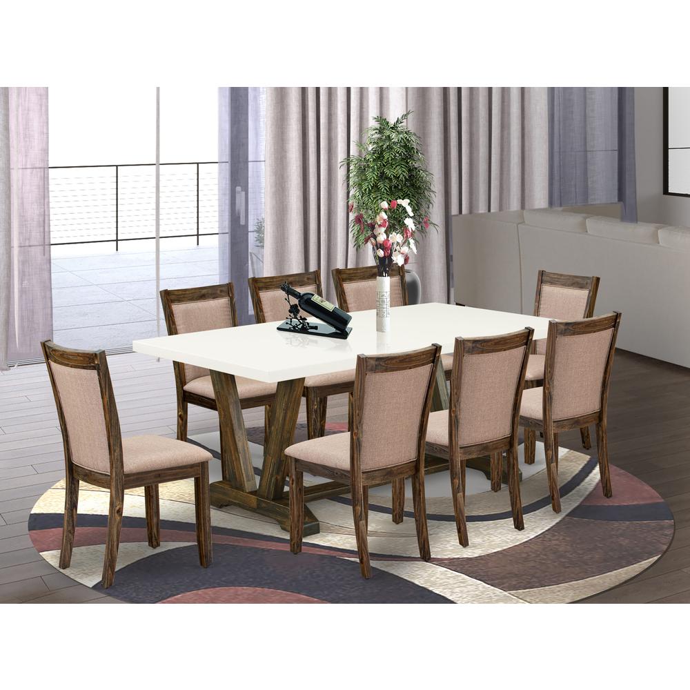 V727MZ716-9 9 Piece Kitchen Table Set - A Modern Kitchen Table with Trestle Base and 8 Dining Chairs - Distressed Jacobean Finish. Picture 1