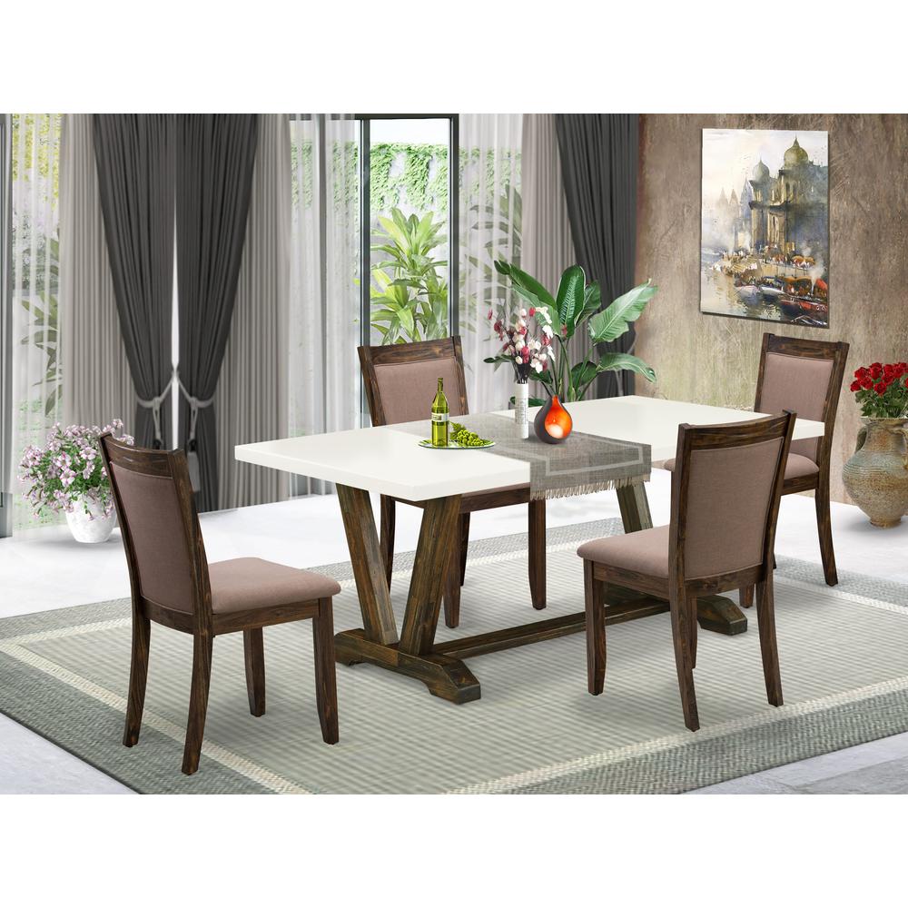 V727MZ748-5 5 Piece Dining Table Set - A Dinner Table with Trestle Base and 4 Coffee Parson Chairs - Distressed Jacobean Finish. Picture 1