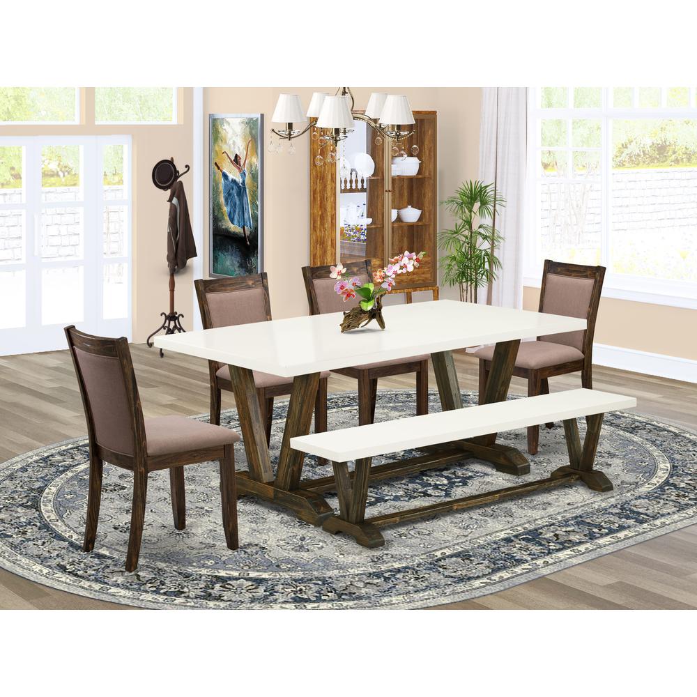 V727MZ748-6 6 Piece Dining Set- A Dining Table in Trestle Base with Bench and 4 Coffee Dinner Chairs - Distressed Jacobean Finish. Picture 1