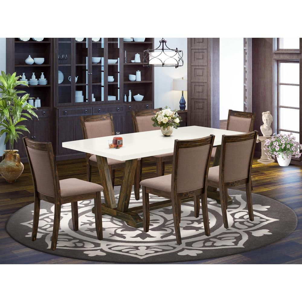 V727MZ748-7 7 Pc Modern Dining Set - A Kitchen Table with Trestle Base and 6 Coffee Dinning Chairs - Distressed Jacobean Finish. Picture 1