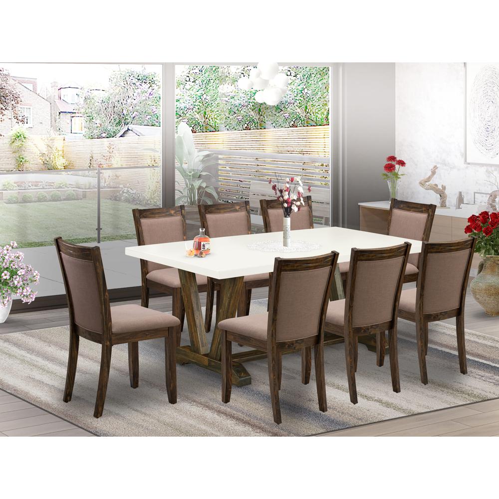 V727MZ748-9 9 Piece Dinette Set - A Wooden Table with Trestle Base and 8 Coffee Modern Dining Chairs - Distressed Jacobean Finish. Picture 1