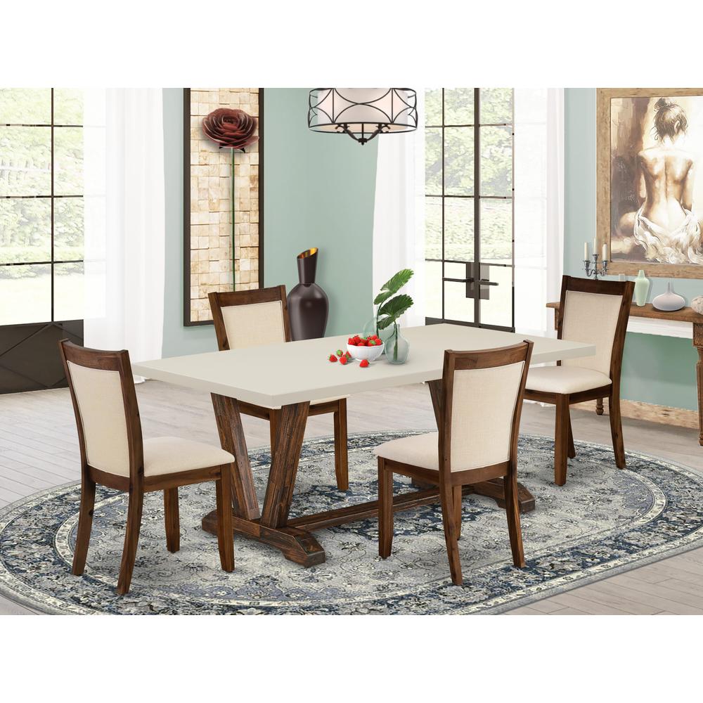 East West Furniture 5-Pieces Dining Room Table Set - A Dining Room Table with Linen White Top and 4 Light Beige Fabric Dining Room Chairs with Stylish Back (Distressed Jacobean Finish). Picture 1
