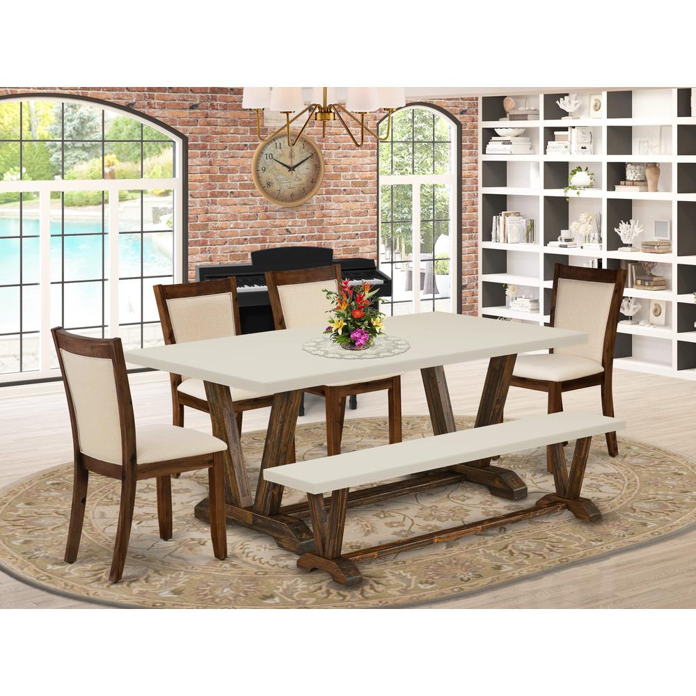 East West Furniture 6-Pc Dining Room Set - 1 Dining Table, Modern Dining Bench with Linen White Top and 4 Light Beige Fabric Kitchen Chairs with Stylish Back (Distressed Jacobean Finish). Picture 1