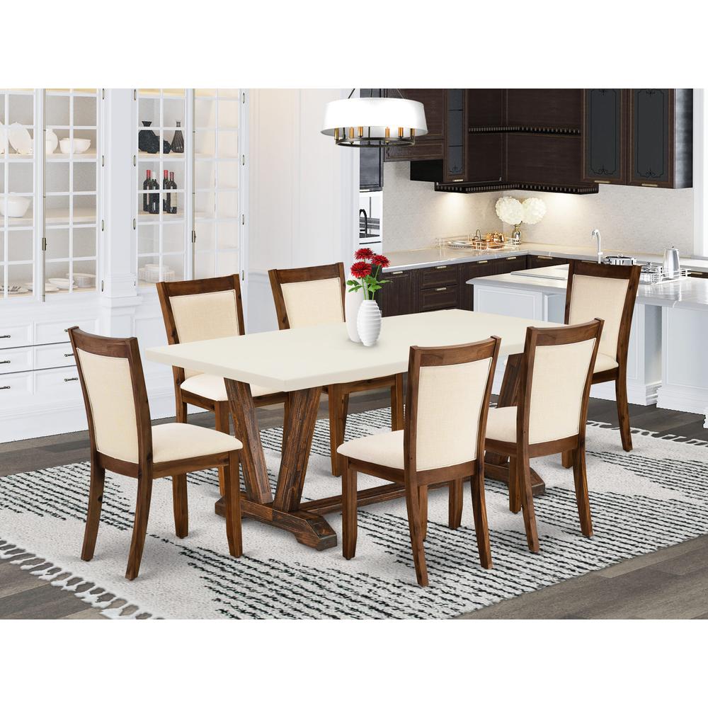 East West Furniture 7-Pieces Dining Room Set - A Dinning Table with Linen white Top and 6 Light Beige Fabric Dining Chairs with Stylish Back (Distressed Jacobean Finish). Picture 1