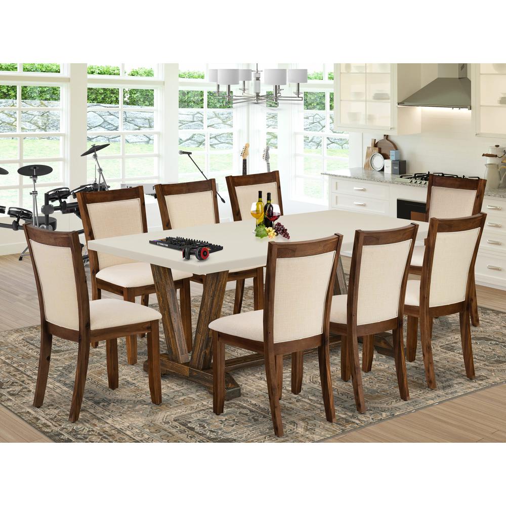 East West Furniture 9-Pc Kitchen Table Set - A Dining Room Table with Linen White Top and 8 Light Beige Fabric Modern Chairs with Stylish Back (Distressed Jacobean Finish). Picture 1
