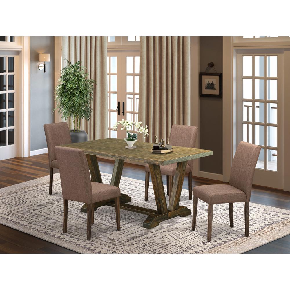 East West Furniture 5-Piece Modern Dining Table Set-A Mid Century Dining Table and 4Linen FabricModern Chairs with High Back - Distressed Jacobean Finish. Picture 1