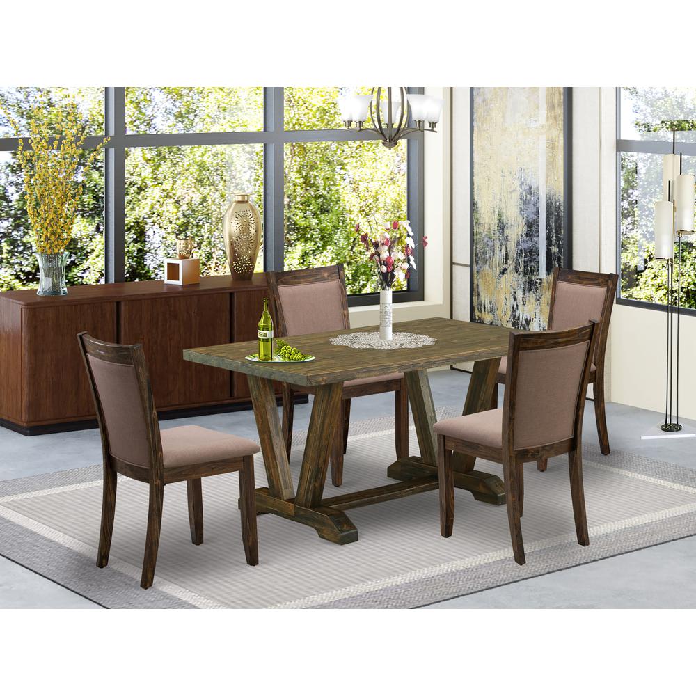 V776MZ716-5 5 Piece Dining Table Set - A Modern Dining Table with Trestle Base and 4 Parson Chairs - Distressed Jacobean Finish. Picture 1