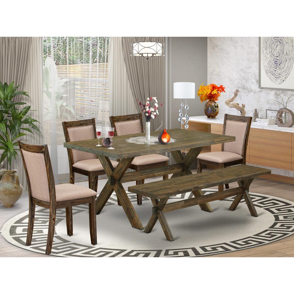 V776MZ716-6 6 Piece Dining Table Set- A Dining Table in Trestle Base with Bench and 4 Parsons Chairs - Distressed Jacobean Finish. Picture 1