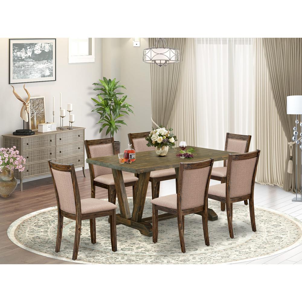 V776MZ716-7 7 Pc Modern Dining Set - A Kitchen Table with Trestle Base and 6 Chairs For Dining Room - Distressed Jacobean Finish. Picture 1