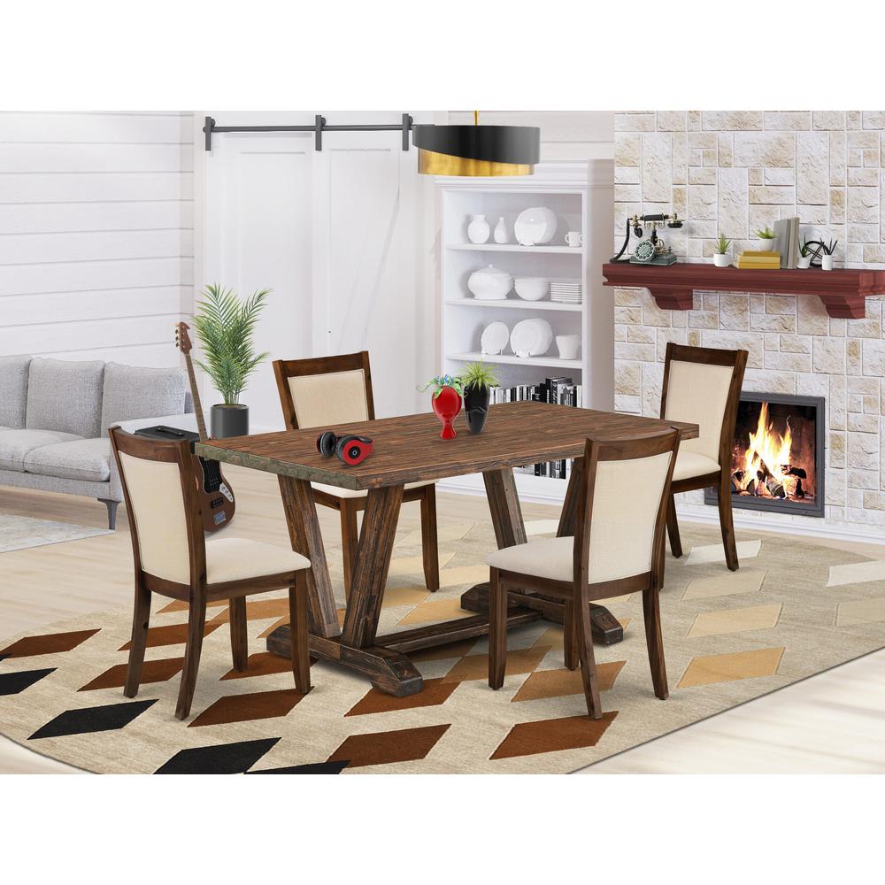 East West Furniture 5-Pieces Dinette Set - 1 Dining Room Table with Trestle Base and 4 Light Beige Fabric Kitchen Chairs with Stylish Back (Distressed Jacobean Finish). Picture 1