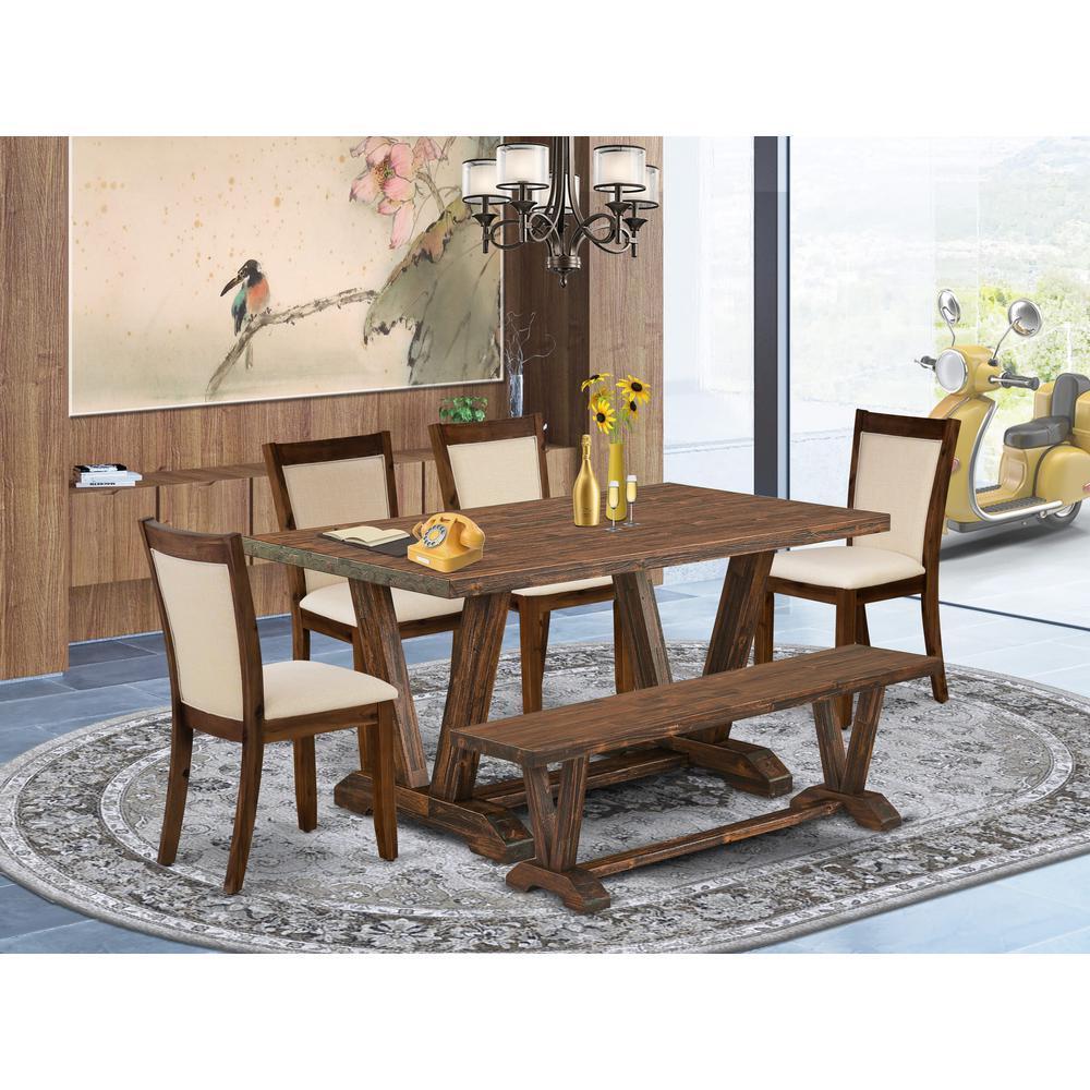 East West Furniture 6-Pc Small Dining Set - 1 Beautiful Modern Dining Table, A Dining Bench and 4 Light Beige Fabric Wood Dining Chairs with Stylish Back (Distressed Jacobean Finish). Picture 1