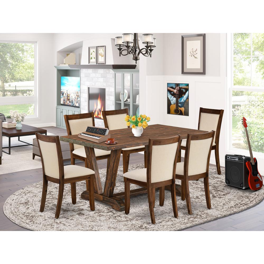 East West Furniture 7-Pieces Kitchen Table Set - 6 Light Beige Fabric Upholstered Dining Chairs with Stylish Back and 1 Kitchen Table with Trestle Base (Distressed Jacobean Finish). Picture 1