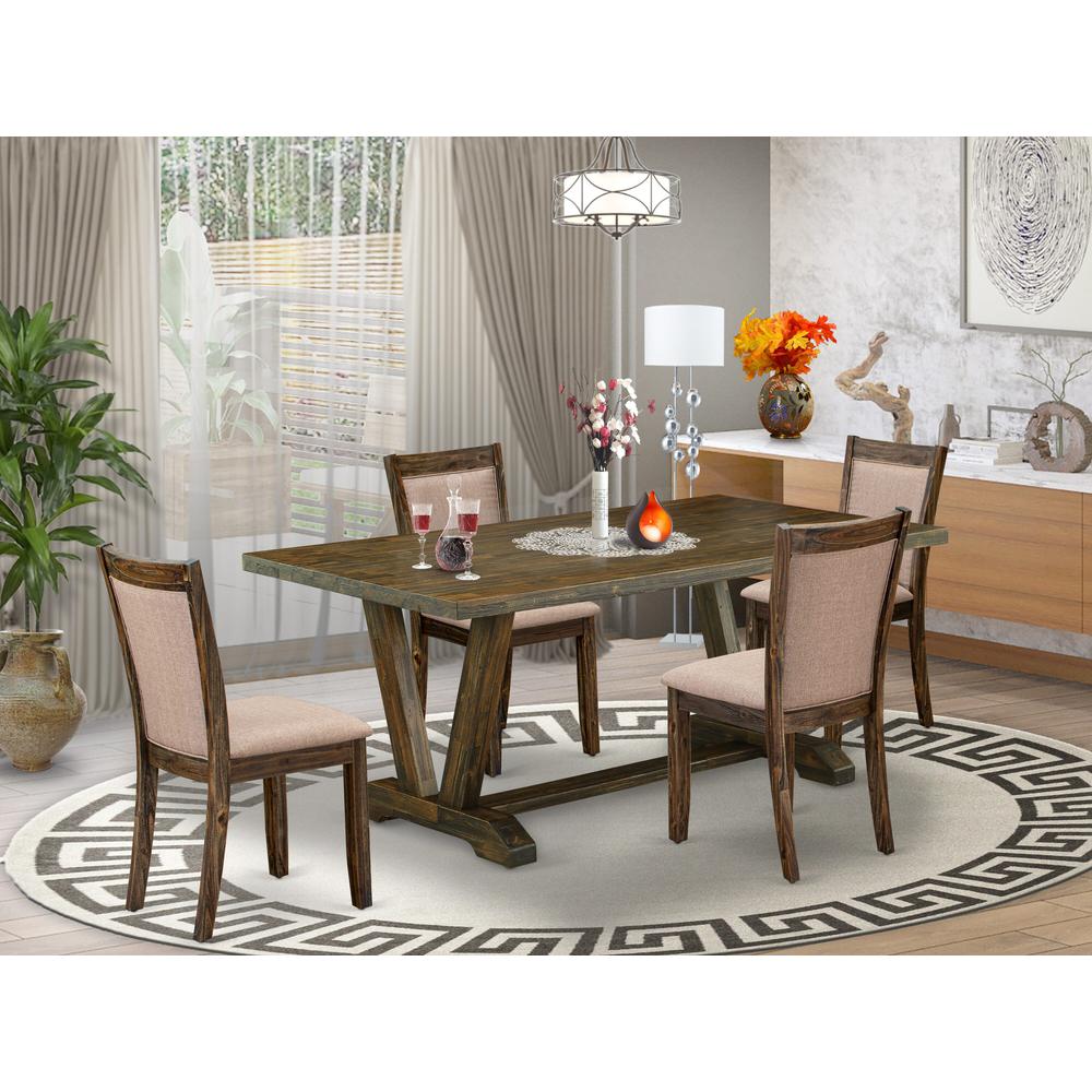 East West Furniture 5 Piece Dining Table Set - A Distressed Jacobean Top Dining Table with Trestle Base and 4 Dark Khaki Linen Fabric Dining Chairs - Distressed Jacobean Finish. Picture 1