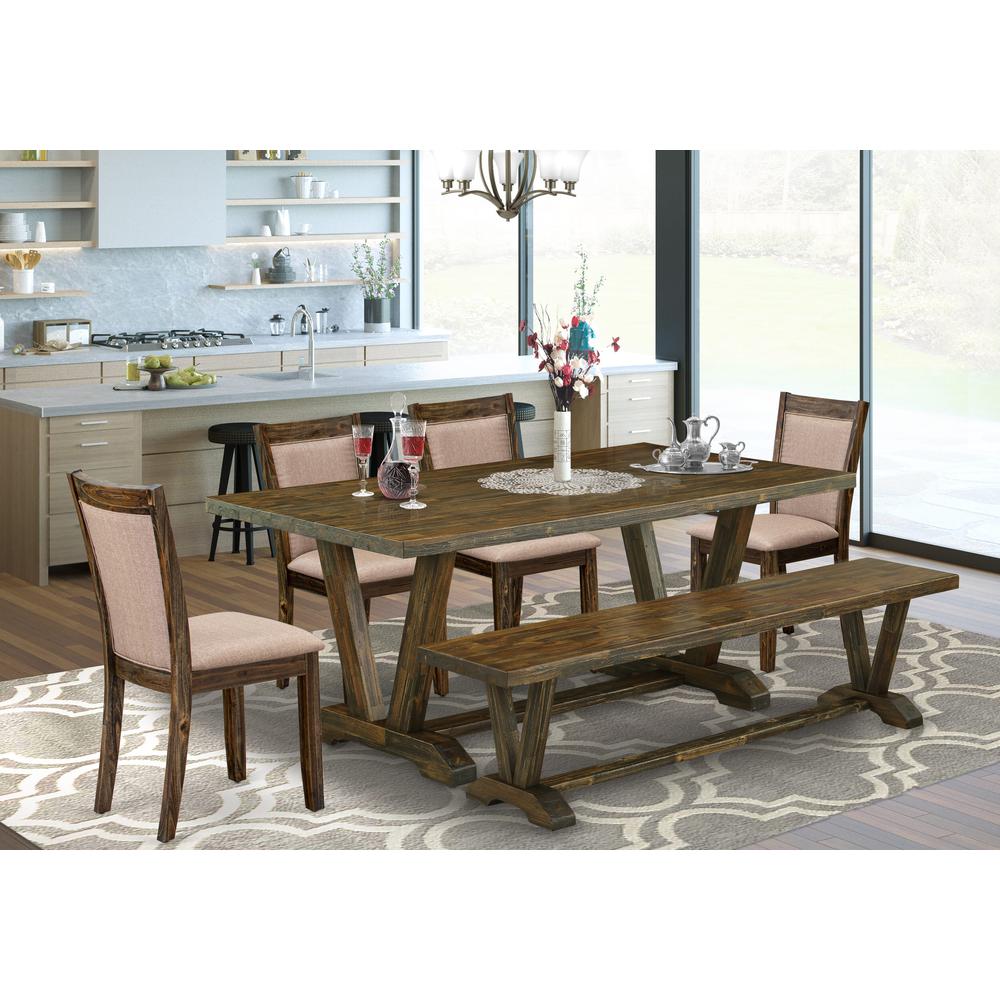 East West Furniture 6 Piece Dining Table Set- A Distressed Jacobean Top Kitchen Table in Trestle Base with Bench and 4 Dark Khaki Linen Fabric Dining Chairs - Distressed Jacobean Finish. Picture 1