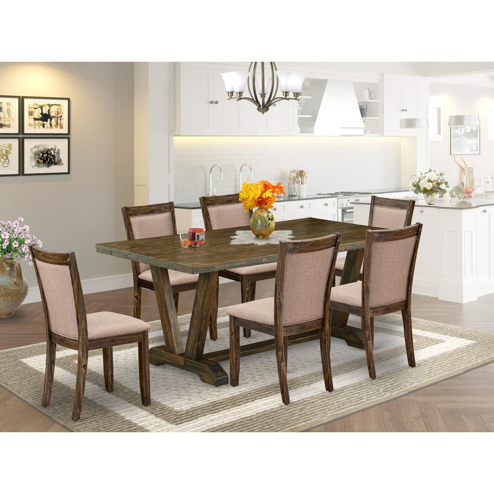 East West Furniture 7 Piece Modern Kitchen Table Set - A Distressed Jacobean Top Wooden Table with Trestle Base and 6 Dark Khaki Linen Fabric dining chairs - Distressed Jacobean Finish. Picture 1
