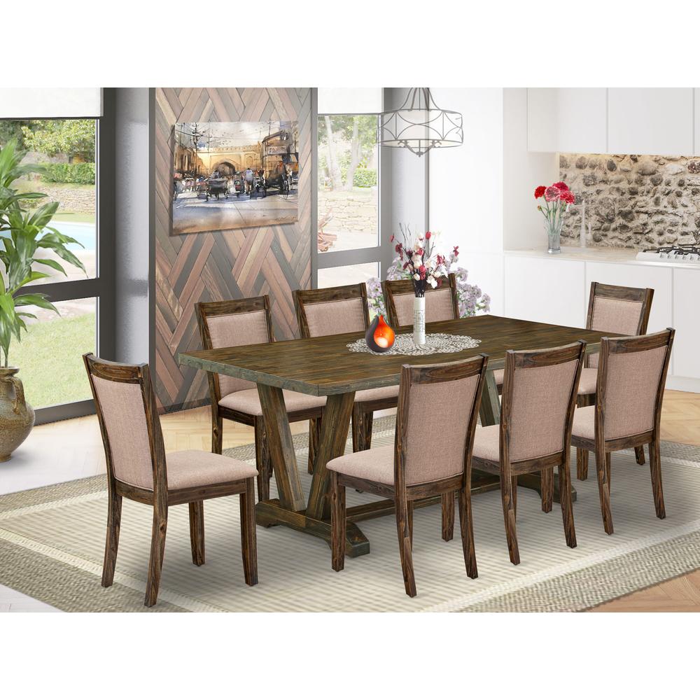 East West Furniture 9 Piece Dinette Set - A Distressed Jacobean Top Dining Table with Trestle Base and 8 Dark Khaki Linen Fabric Upholstered Dining Chairs - Distressed Jacobean Finish. Picture 1