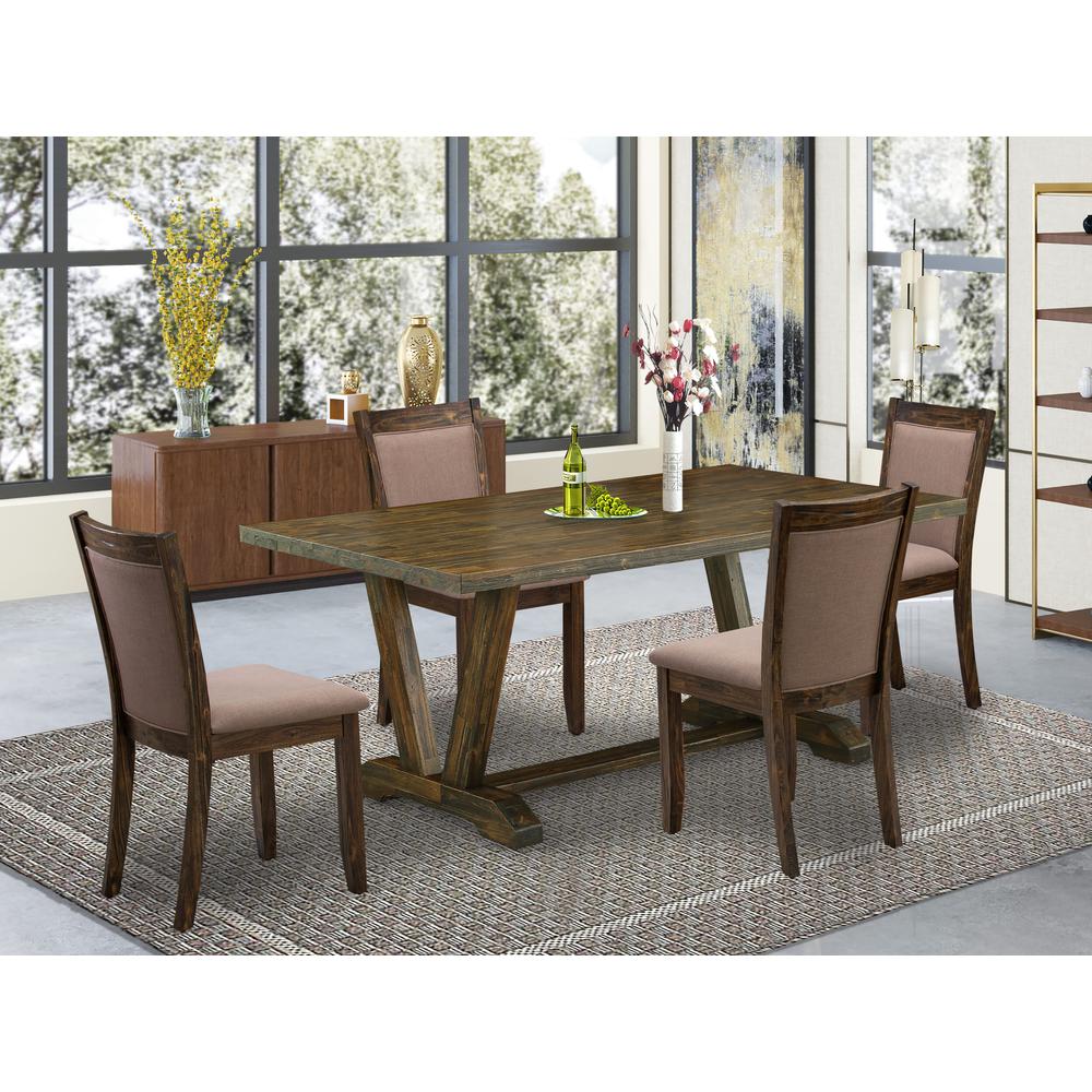East West Furniture 5 Piece Kitchen Table Set - A Distressed Jacobean Top Rustic Kitchen Table with Trestle Base and 4 Coffee Linen Fabric Parsons Chairs - Distressed Jacobean Finish. Picture 1