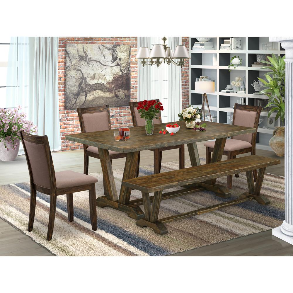 East West Furniture 6 Piece Modern Dining Table Set- A Distressed Jacobean Top Table in Trestle Base with Wood Bench and 4 Coffee Linen Fabric Dining Chairs - Distressed Jacobean Finish. Picture 1