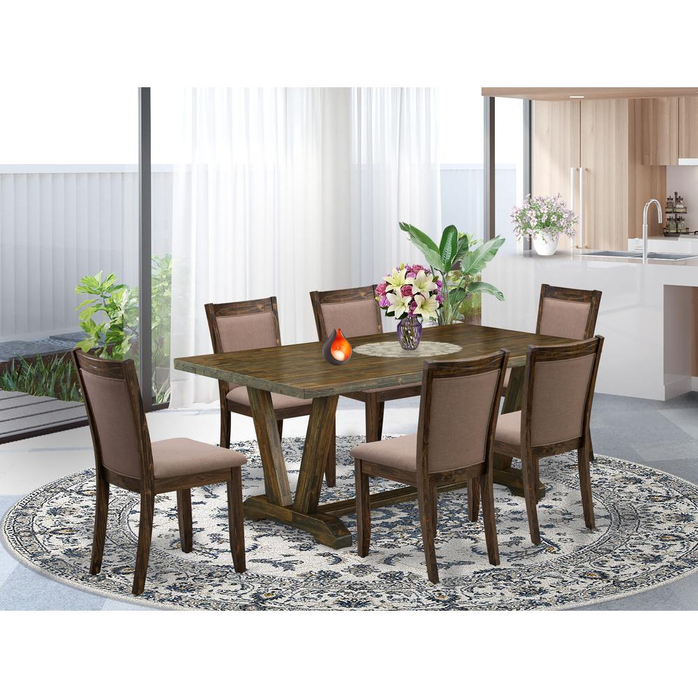 East West Furniture 7 Piece Dinner Table Set - A Distressed Jacobean Top Dinner Table with Trestle Base and 6 Coffee Linen Fabric Wood Dining Chairs - Distressed Jacobean Finish. Picture 1