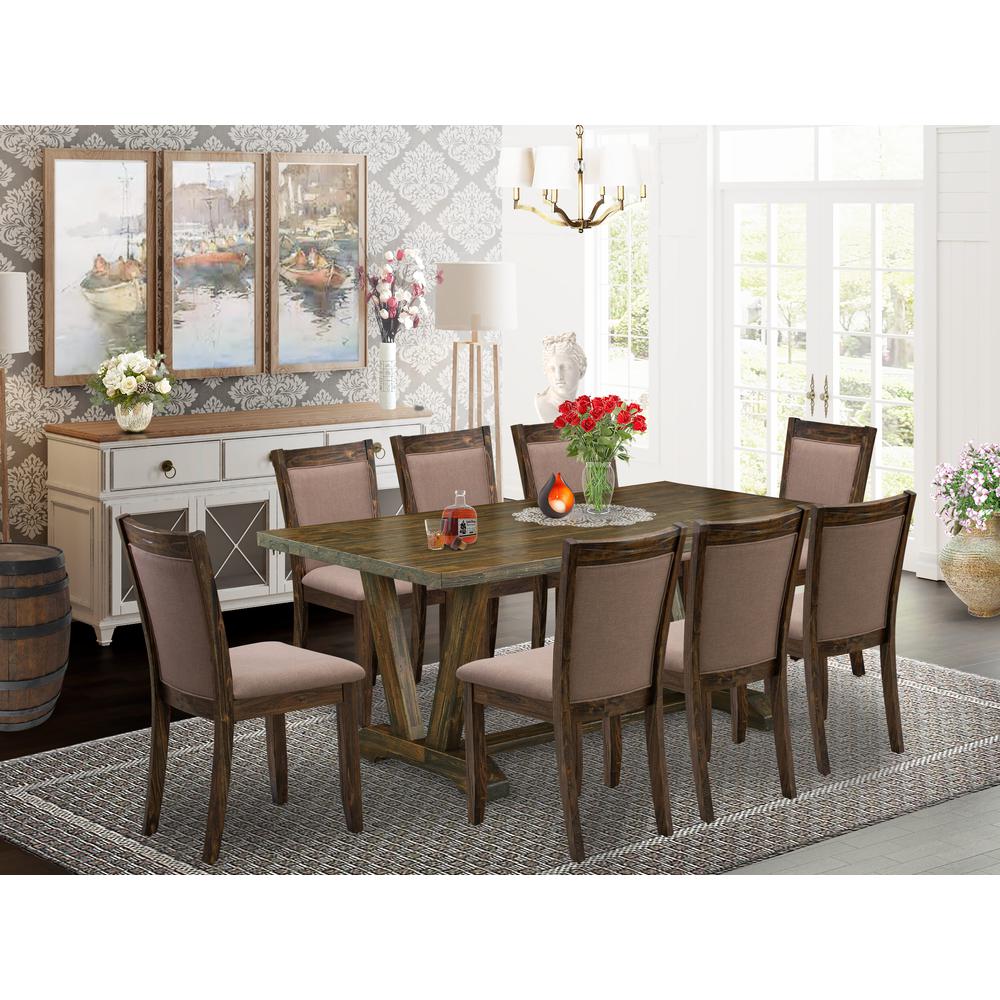East West Furniture 9 Piece Kitchen Dining Table Set - A Distressed Jacobean Top Dining Table with Trestle Base and 8 Coffee Linen Fabric Dining Room Chairs - Distressed Jacobean Finish. Picture 1